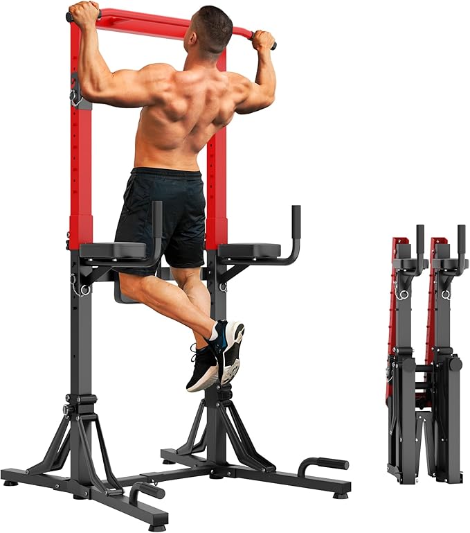 SogesHome Foldable Power Tower Pull Up Bar and Dip Stand, Height Adjustable Free Standing Strength Trainer Dip Station, Multifunctional Fitness Exercise Workout Pullup Station for Home Gym Equipment, Black Red