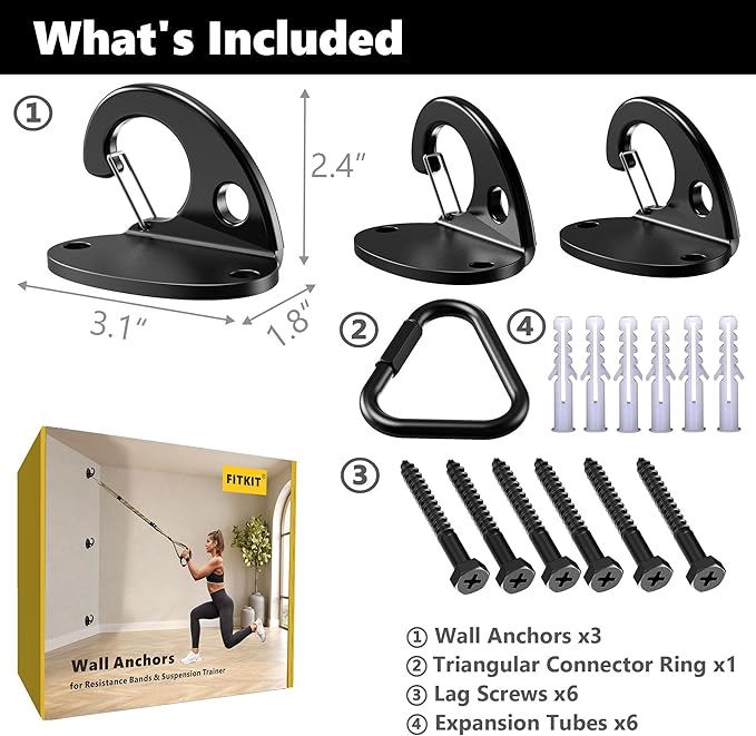 FITKIT 3-Pack Resistance Band Wall Anchor Set, No Weld Wall Mount for Exercise Bands & Suspension Straps – Compact Strength Training Kit for Home Gym Workouts & Physical Therapy