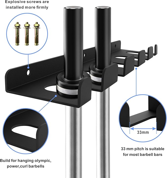 Barbell Storage Rack, Heavy Duty Vertical Hanging Rack, Wall Mounted Bar Holder, Olympic Bar Space Saver for Home, Commercial, Garage Gym