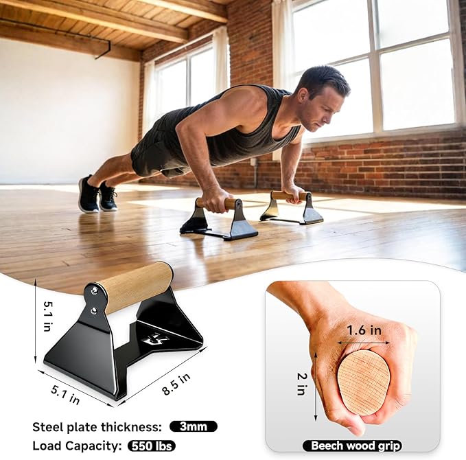 Rocalt Parallettes Push Up Handles - 550LBS Ergonomic Beech Wood Push Up Bars, Heavy Duty Steel Calisthenics Equipment for Home Gym, Anti-Slip Push Up Stands No Wrist Pain