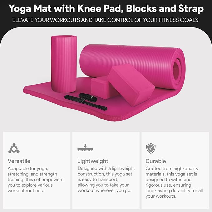 BalanceFrom 71x24 Inches Yoga Mat with Knee Pad and Optional Blocks – Extra 1-Inch Thick Non-Slip Foam with Anti-Tear Surface and Carrying Strap for Home, Studio, or Gym Workouts