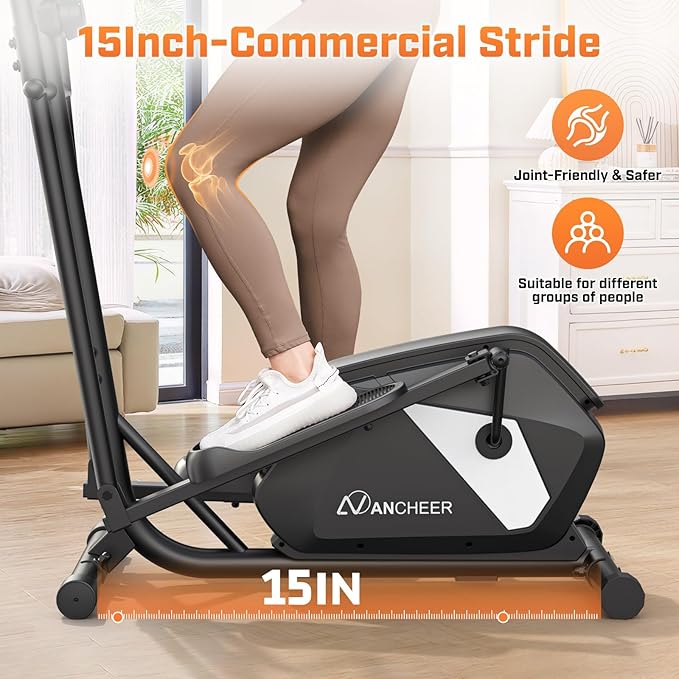 ANCHEER Home Elliptical Machine, Quiet Magnetic Elliptical Trainer with 14 Levels Resistance, 15" Stride & 400LBS Max Load, Compact Cardio Exercise Equipment for Home Gym