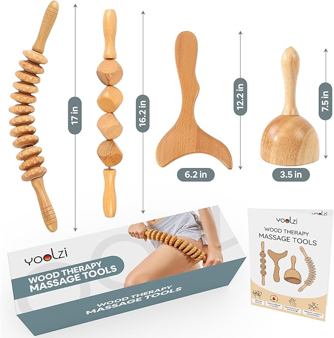 4PCS Wood Therapy Massage Tools Set for Comfort, Body Sculpting, Lymphatic Drainage, and Muscle Pain Relief