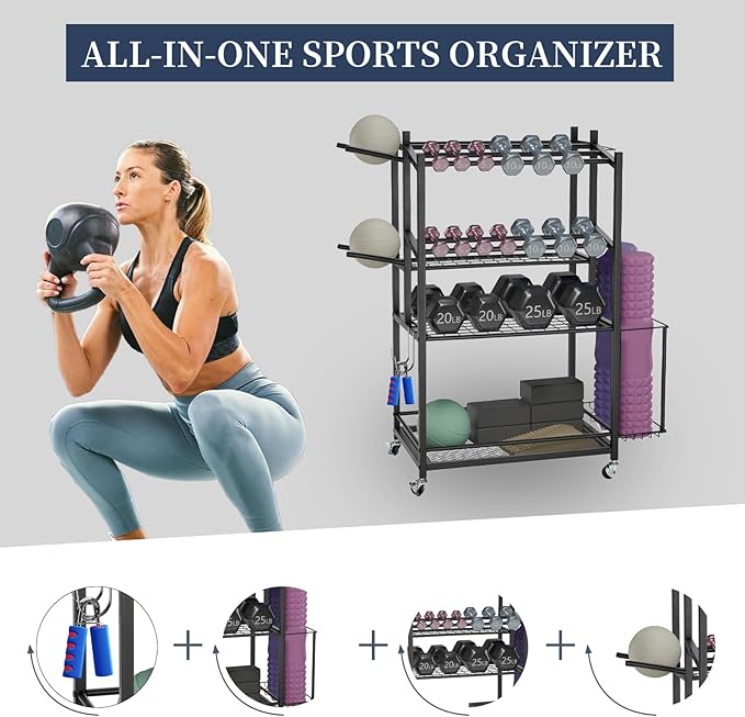 3-Tier Rolling Dumbbell Rack with Yoga Mat Basket & Hooks – Heavy Duty Steel Home Gym Storage Cart for Weights, Kettlebells, and Foam Rollers – 350Lbs Capacity Mobile Organizer with Lockable Wheels (Black)