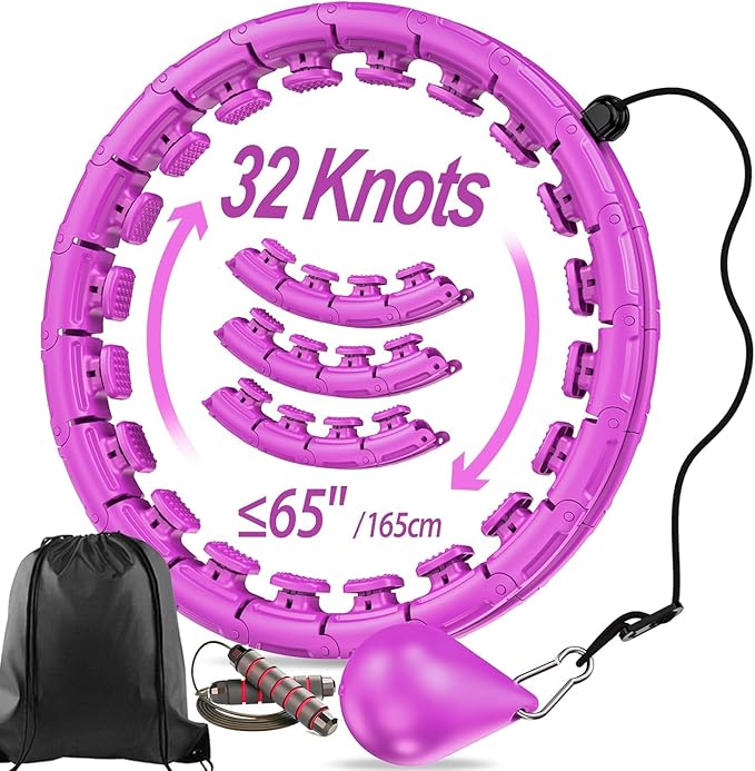Weighted Exercise Hoop Plus Size 32 Detachable Knots, No Falling Smart Huula Hoop for Adults & Beginners, 2 in 1 Abdomen Fitness Massage with Auto Spinning Ball - Purple