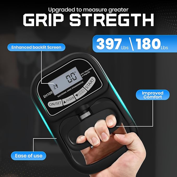 Grip Strength Dynamometer 396lbs/180kg – Digital Hand Grip Strength Tester with LED Display, Adjustable Hand Grip Meter for Fitness, Sports, Therapy & Rehab