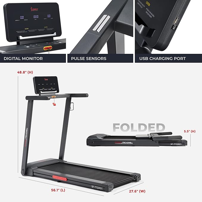 Sunny Health & Fitness Interactive Slim Folding Treadmill for Home, Running or Walking with Quiet Brushless, Shock Absorption, Free SunnyFit App Bluetooth Connection, Optional 12 Level Auto Incline