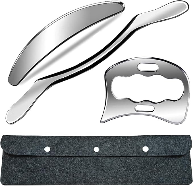Professional Muscle Scraper Set, 3pcs Stainless Steel Tools with Case, Manual Scraping Massage Therapy Instruments for Physical Therapy and Recovery