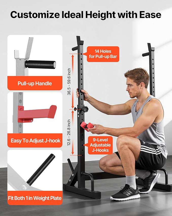 VEVOR Power Cage Squat Rack, Home Gym Power Rack with Adjustable Height & Width, 550LBS Strength Training Workout Equipment with Barbell Storage Racks & J-Hooks for Bench Press, Squat, Weight Lifting