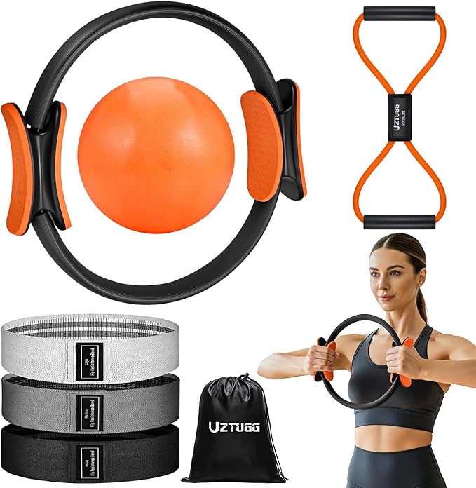 UZTUGG Pilates Equipment Kit at Home for Women, 4-in-1 Workout Essential Set with Pilates Ring, Fabric Resistance Bands, Figure 8 Resistance Band, Pilates Ball–Full Body Toning, Yoga & Stretching