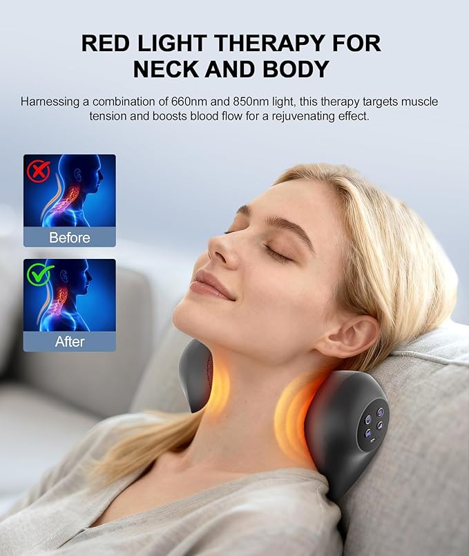 RINGCO Neck Massager with Heat, Red Light & Vibration Adjustable, Heated Neck Stretcher with 3 Modes, Rechargeable Cervical Traction Device for Pain Relief & Muscle Relaxation, Gift for Women Men