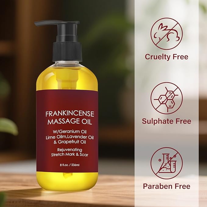 Frankincense Massage Oil for Women,Massage Therapy Oil for Soreness & Stiffness,Stretch Marks and Scars Body Oil for All Skin Types（8oz）