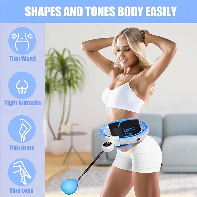 U5 Smart Weighted Hula Hoop with Counter & Waist Trimmer – 16 Knots, 28"–46" Adjustable Infinity Hoop Plus Size, Quiet Rubberized Wheels, Ab Workout Fitness, Weight Loss, Abdominal Toner