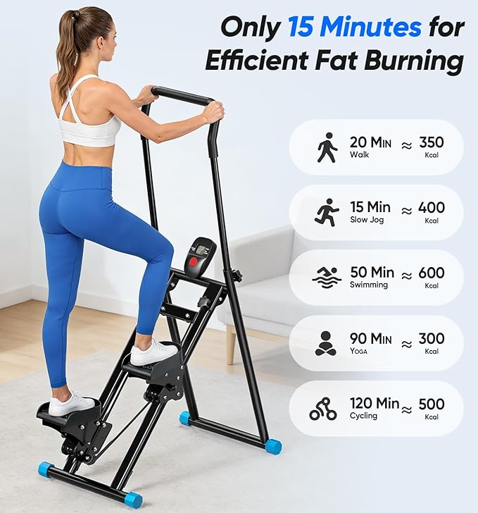 3-Level Adjustable Cardio Stair Stepper for Home, Folding Vertical Stair Stepper with Non-Slip Pedals & LCD Monitor, Portable Stair Stepper with Resistance & Handlebar, Supports 350 LBS, Unisex