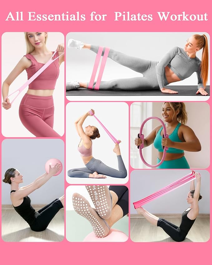 12 Pcs Pilates Equipment kit for Home Workouts, Women's Pilates Essentials Set, Pilates Ring and 2 Ball Accessories Ket, with 5 Resistance Loop, Grip Socks, Resistance Bands, Sculpt Band & Storage Bag