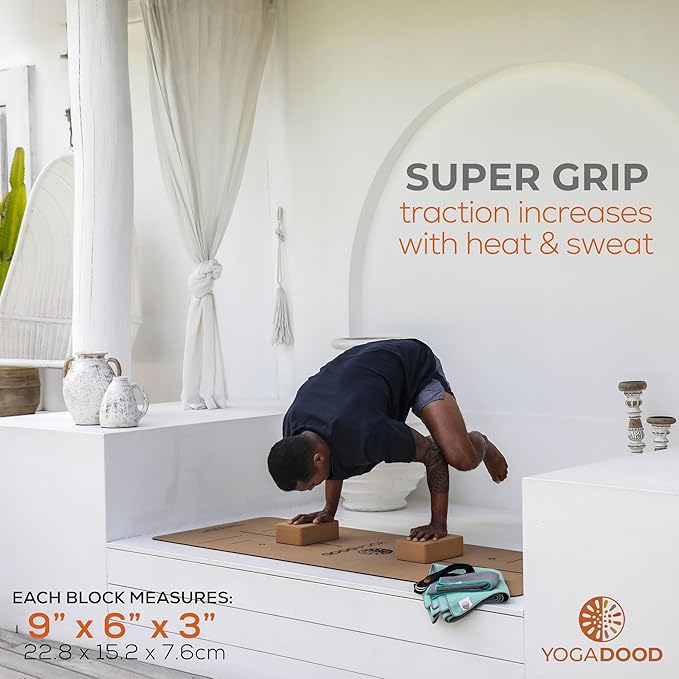 YOGA DOOD Premium Cork Yoga Blocks 2 Pack - Superior Grip & Stability for Enhanced Alignment - Eco-Friendly Biodegradable