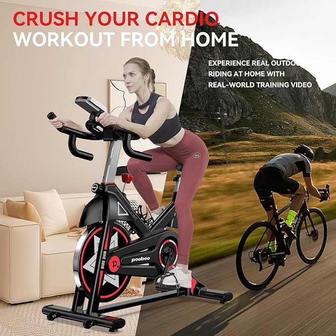 Exercise Bike, pooboo Stationary Bike for Home Gym, Magnetic Resistance Indoor Cycling Bike w/Comfortable Seat Cushion & Tablet Mount, Silent Belt Drive Indoor Bike for Cardio Workout