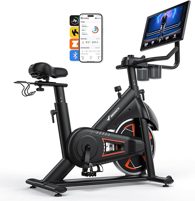 Merach Magnetic Exercise Bike, Low Noise Stationary Bike for Home with Comfortable Seat Cushion, Spinning Bike with 330 lb Weight Capacity, Exclusive App, Tablet Mount and Fitness Courses
