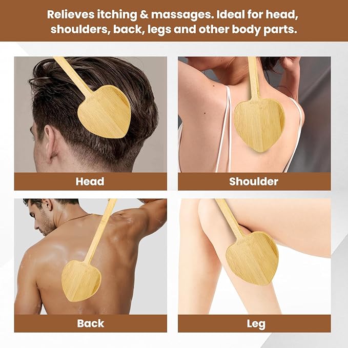 15.75" Obcordate Bamboo Back Scratcher with Airbag Cushion – Elastic & Gentle on Skin, Relieves Itching & Massages Back, Shoulders, Legs, Suitable for Women,Men & Adults (B-Pure Wood Color)