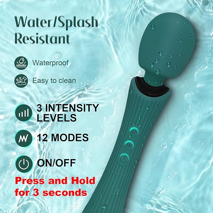 Handheld Personal Portable Cordless Waterproof Rechargeable Massager - 12 Modes 3 Speeds, Quiet Function & Soft Silicone for Neck, Shoulder, Back Pain Relief - Rose Green