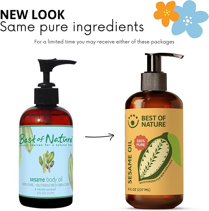 Best of Nature 100% Pure Sesame Natural Unscented Massage Oil, Deep Moisturizing Body & Skin Oil, Perfect Carrier Oil for Essential Oils, 8 fl oz