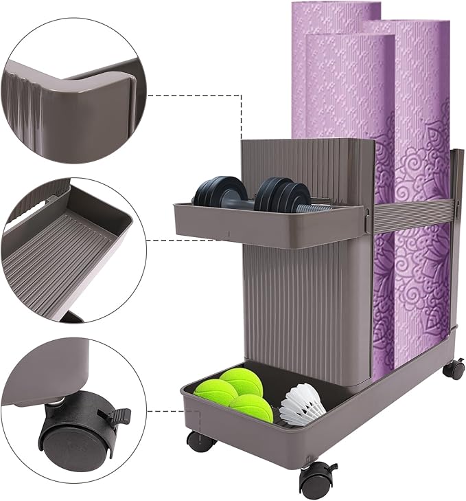 Home Gym Storage,2 Tiers Workout Equipment Organizer with Wheels Workout Equipment Storage Organizer Yoga Mat Storage Racks Home Gym Storage Rack for Yoga Mats, Foam Roller, Dumbbells