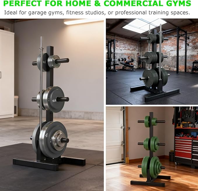 Olympic Weight Plate Rack, 6 Pegs & 2 Barbells for Bumper Plate Storage, Olympic Weight Plate Tree - Heavy Duty Bumper Plate Rack Holds 300 lbs