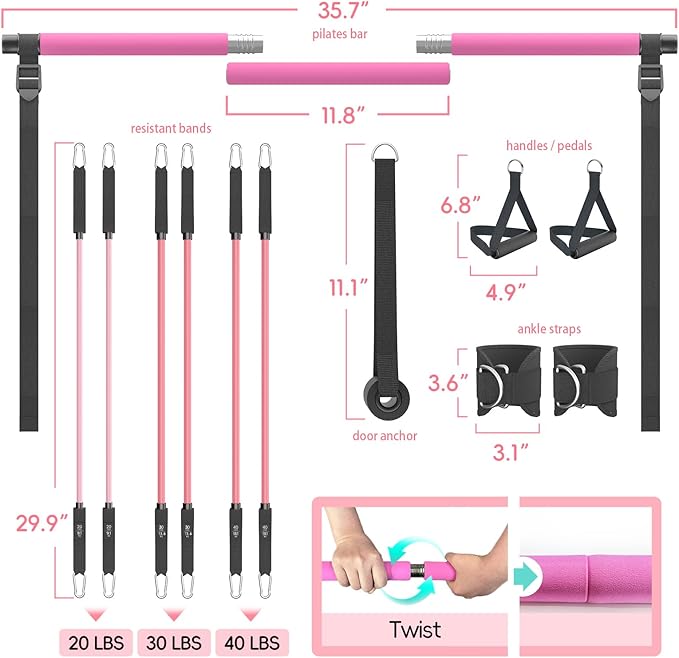 Pilates Bar Kit with Resistance Bands, Portable Pilates Bar for Home Gym Yoga & Full Body Workouts, Pilates Equipment for Women, Fitness Set for Strength Stretching Flexibility Training