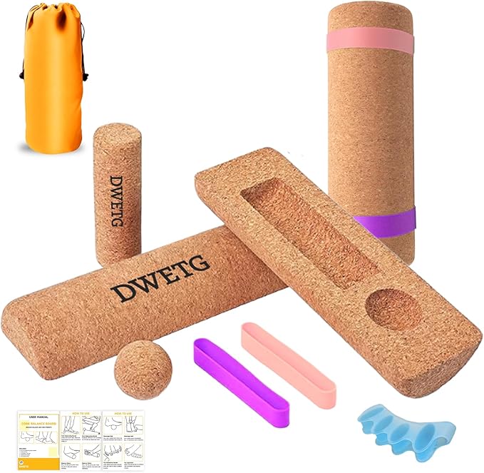 Cork Balance Board Foot Recovery & Balance Training Kit with Toe Separators, Massage Ball & Resistance Bands Plantar Fasciitis Relief, Foot Strengthening, Stability & Mobility for Sports & Outdoors