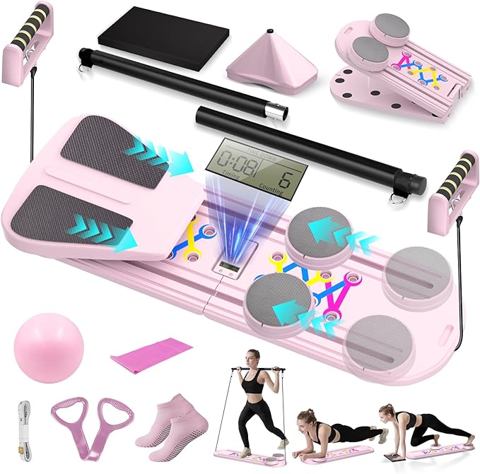Pilates Board, Foldable Pilates Reformer Set for Home Workout with Timer, 6-in-1 Multifunctional Portable Reformer Pilates Machine at Home Pilates Equipment for Fitness, Exercise, Abs, Core Training