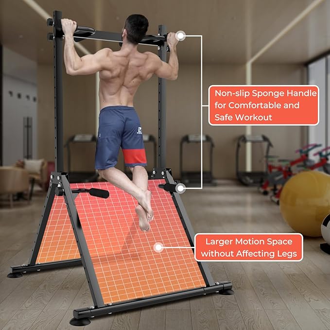 Foldable Power Tower Dip Station Pull Up Bar, Multifunction Triangular Structure Pull Up Station Home Gym Strength Training Workout Equipment