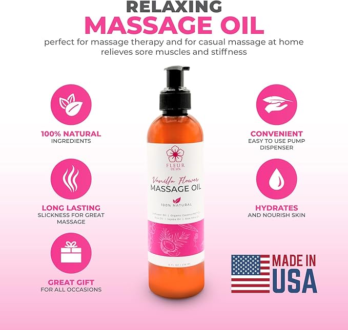 Massage Oil 8oz Pump by FLEUR DE SPA – Luxurious Therapeutic Body Oil – Made in USA – Safflower & Organic Coconut with Acai Berry – Soothes Sore Muscles, Relieves Stiffness, Anti-Cellulite