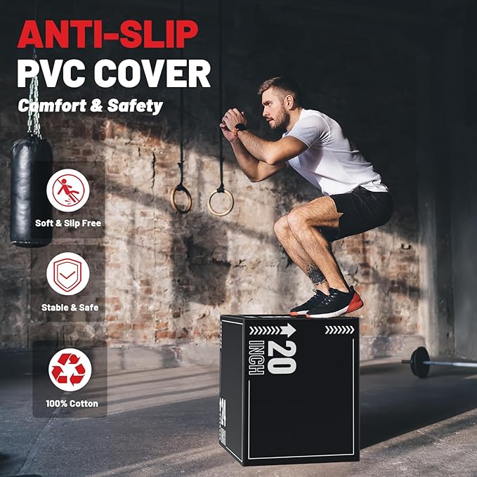 papababe 3-in-1 Plyometric Jump Box Workout Equipment, Box Jumps for Home Gym, Trainer with Anti Slip Surface and High Density Foam, Box Height: 20", 24", 30"