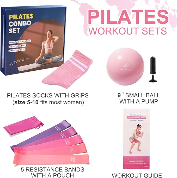 Pilates Ball Resistance Bands Grip Socks Barre Sets, Loop Exercise Bands 5 Levels, Small Yoga Ball 9 Inch, Non Slip Socks Workout Kit at Home
