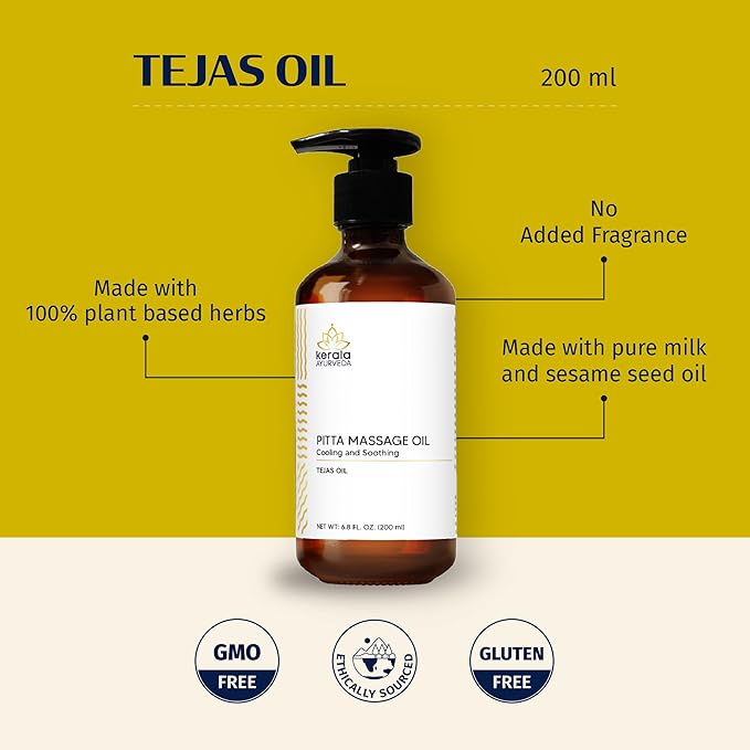 Kerala Ayurveda Cooling Herbal Massage Body Oil | Mind Calming Properties | Nourishes & Hydrates Skin | Indian Madder Root Rich | Ideal for Balancing Pitta Dosha | Tejas Oil - 6.8 Fl Oz