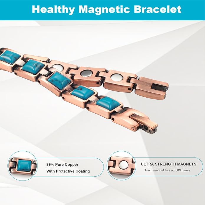 Copper Bracelets for Women, Pure Copper with Colored Turquoise Bracelet, 3500 Gauss Magnets, Fashion Jewelry（FUTI-1）