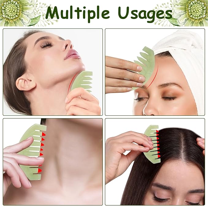 Janedream Jade Stone Gua Sha Comb Traditional Massage Tools for Scalp Head Hair Facial Manual Scalp Massagers with Acupuncture Head Therapy Trigger Point Treatment
