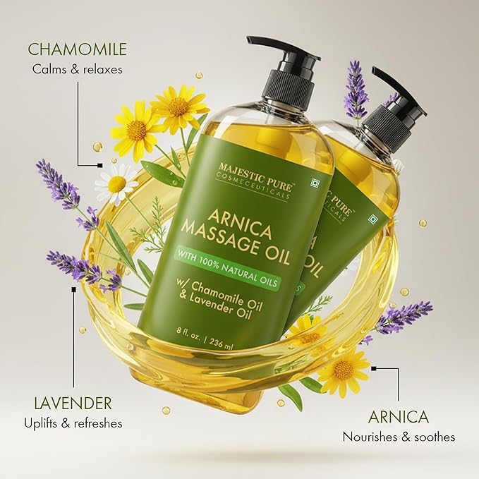 MAJESTIC PURE Arnica Sore Muscle Massage Oil for Massage Therapy-Refreshing & Relaxing-Natural Oils Lavender & Chamomile Essential Oils-All Skin Types- Men & Women Massage Lotion- 8 fl oz (Pack of 2)