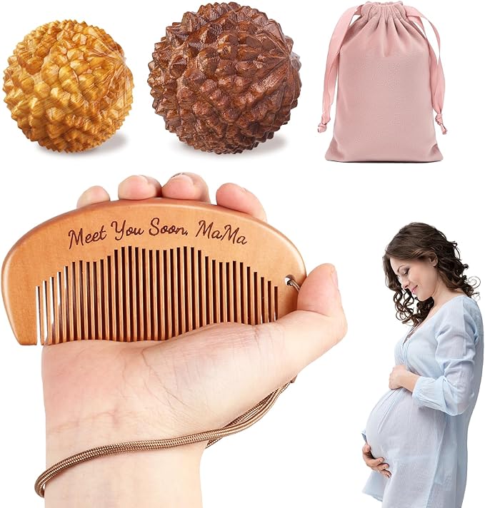 Labor and Massage Ball for Labor Pain, Wooden Birthing Comb with 2 PCS Acupressure Balls Set for Moms Pain Relief, Pregnancy Hospital Bag Essentials for Pregnant Women