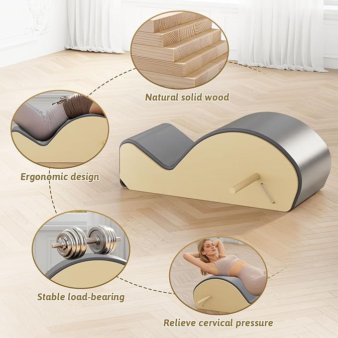 Wooden Gray Pilates Arc with Spine Corrector for Core Strengthening Back Pain Relief, Pilates Spinal Corrector Arch Barrel for Back Flexibility，at Home Reformer Pilates Posture