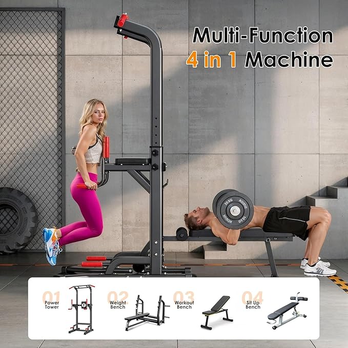 SogesHome Multi-Function Power Tower Pull Up Bar Dip Station, Home Gym Adjustable Height Fitness Workout Equipment with Foldable Dumbbell Stool, 330LB Capacity for Push-Ups, Sit-Ups, Strength Training