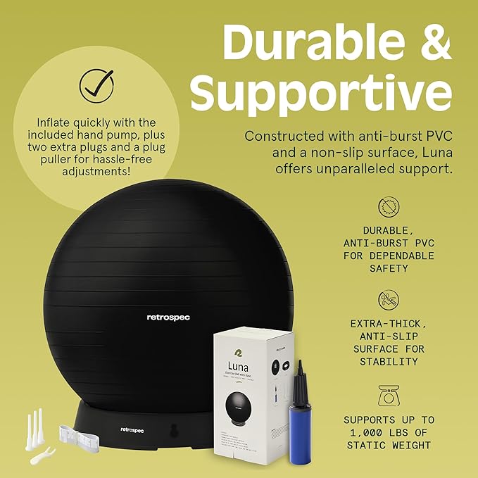 Retrospec Luna Exercise Ball with Pump - Anti-Burst Fitness Equipment for Yoga, Core Training & Stability - Home Gym Swiss Ball for Office & Pregnancy