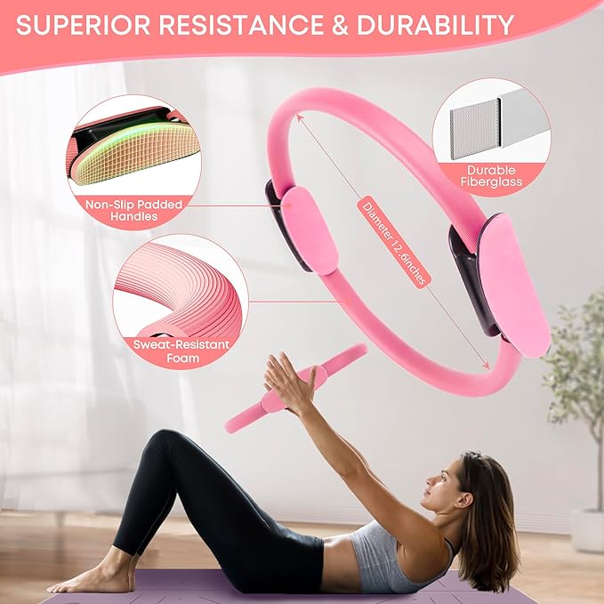 13 Pcs Pilates Essentials Kit for Women, Home Workout Equipment Set with 9.8” Ball, Magic Circle, Accessories, Perfect for Beginners to Toning & Fitness, Pink