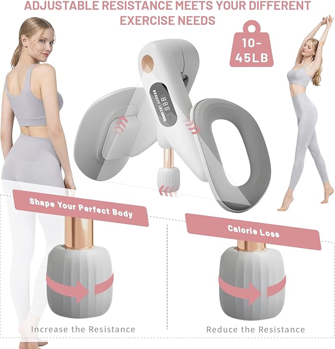 Thigh Master & Trainer, LED Counter Inner Thigh Exerciser for Women, 360° Kegel Exerciser, Pelvic Floor Muscle Devices for Hip Trimmer Leg Arm Workouts with 5-30LB Resistance Band