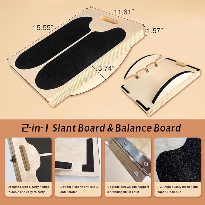 ZALL Wooden 2-in-1 Slant & Balance Board, Adjustable Wobble Design for Calf Stretch Exercise, Knee Ankle Heel Foot Pain Relief