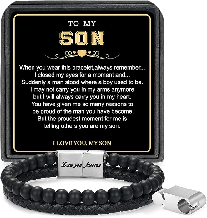 LUXEJEW Gifts for Men - Beaded Leather Bracelet 6mm Matte Agate Stone Bracelets for Men Dad Son Husband Boyfriend Grandpa Grandson Brother Uncle Nephew Adjustable Magnetic Clasp