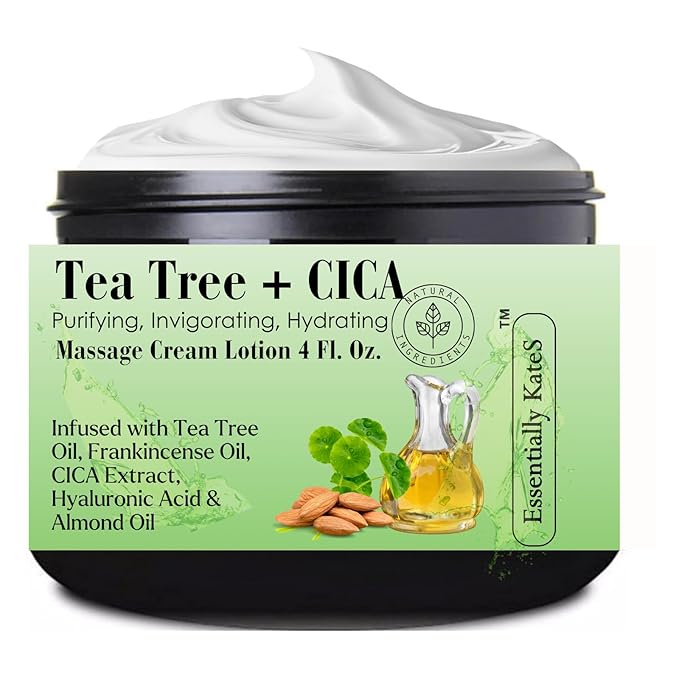 Essentially KateS Tea Tree 2.5% Body Cream Massage Lotions 4 oz, Infused with Centella Asiatica and Frankicensae Oil - Soothing, Hydrating, and Revitalizing - Fights Sore Muscle and Stiffness.