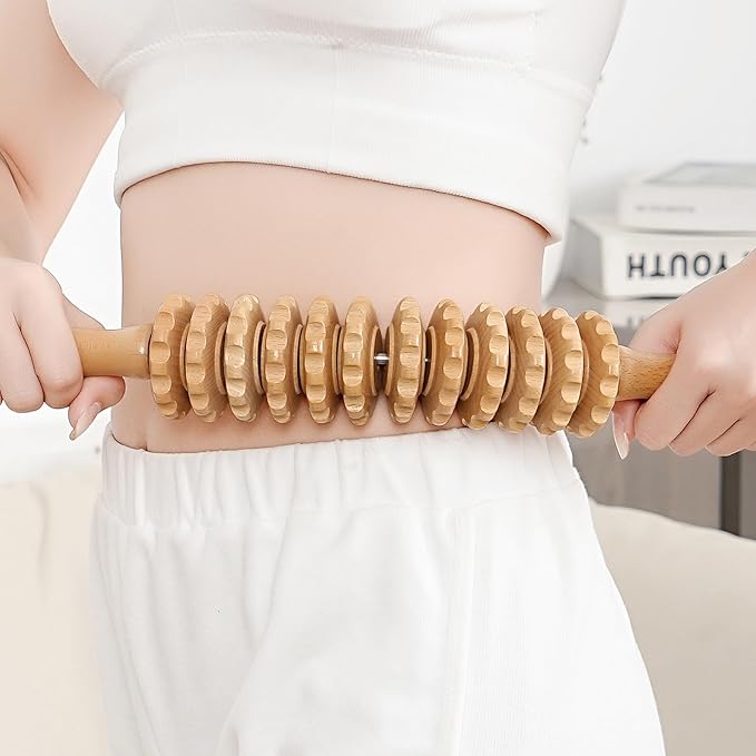 Wood Cellulite Massage Roller Wood Therapy Massage Tools Body Roller Fascia Blaster Lymphatic Drainage Massager for Legs Thighs Muscle Pain Relief(White 12-Wheel)