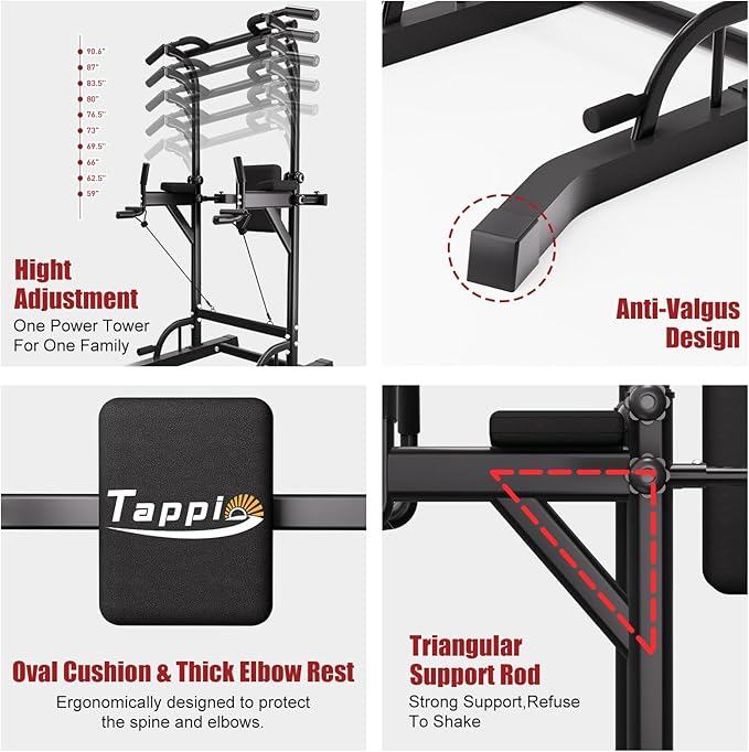 Power Tower Pull Up Bar for Home Gym, Multi Functional Pull Up Bar Stand Dip Bar Station, Adjustable Height Workout Dip Station Strength Training Fitness Equipment