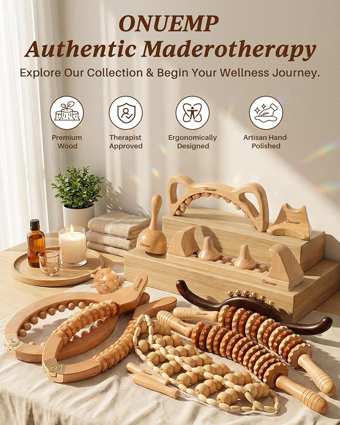 ONUEMP Wooden Therapy Cup with Roller, Wood Therapy Massage Tools, Maderoterapia Kit Colombiana, Fascia Roller for Body Shaping, Lymphatic Drainage, Cellulite Remover, Muscle Relief